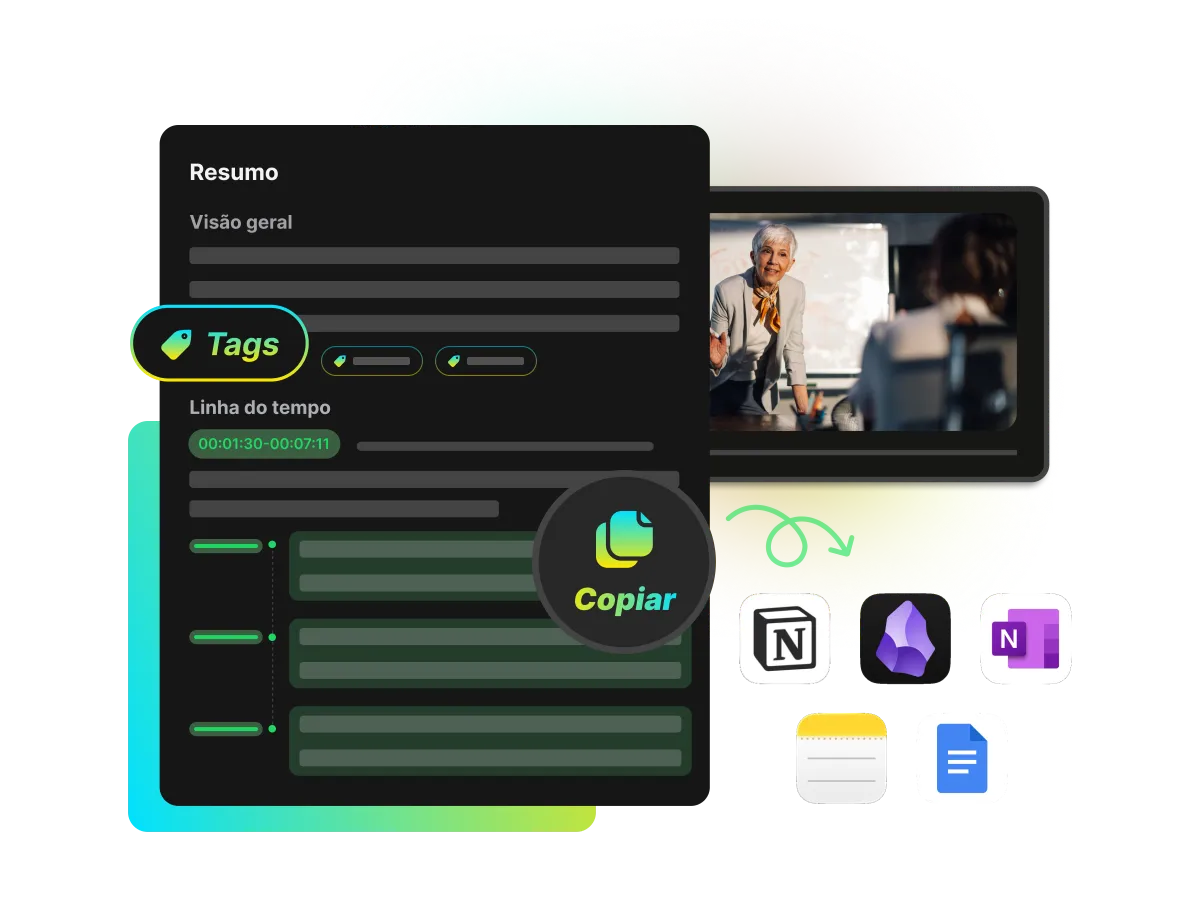 Um usuário copiando um resumo de vídeo gerado por IA do WayinVideo para apps de anotações como Notion e Obsidian, facilitando a gestão do conhecimento.